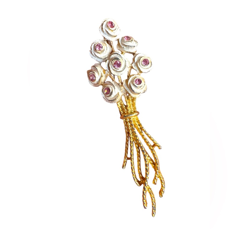 Vintage Mamselle Gold and White Rose flower Brooch with Pink Accents